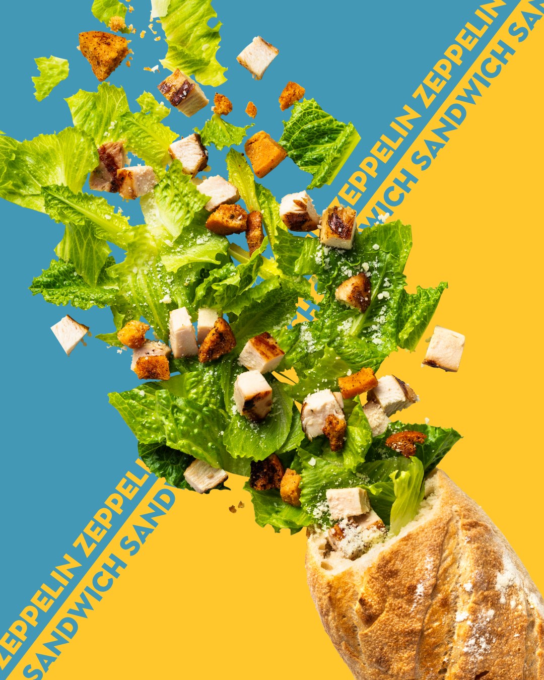Creative photo of a Bread Zeppelin chopped salad sandwich exploding with fresh romaine lettuce, grilled chicken, and croutons against a colorful background.